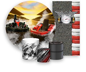 Painel De Festa + Trio De Capas Cilindro + Faixa Veste Fácil - Carro  Kart Corrida 001