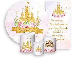 Painel De Festa + Trio De Capas Cilindro + Faixa Veste Fácil - Castelo Aquarela Era Uma Vez 001