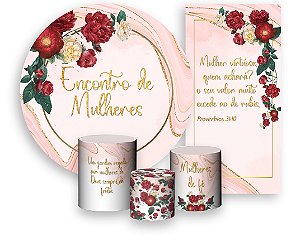 Painel De Festa + Trio De Capas Cilindro + Faixa Veste Fácil - Encontro de Mulheres Rosa Floral 016