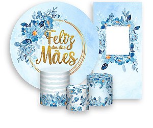 Painel De Festa + Trio De Capas Cilindro + Faixa Veste Fácil -  Dia Das Mães Flores Azul 018