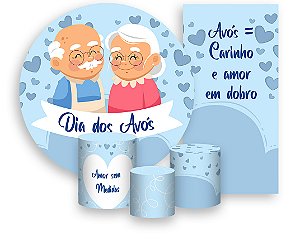 Painel De Festa + Trio De Capas Cilindro + Faixa Veste Fácil -  Dia dos Avós Corações Azul 022