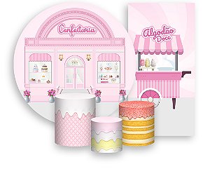 Painel De Festa + Trio De Capas Cilindro + Faixa Veste Fácil -  Confeitaria Rosa Doces 004