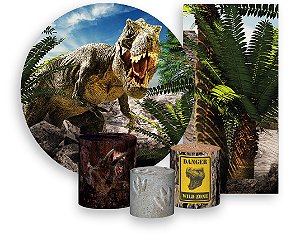 Painel De Festa + Trio De Capas Cilindro + Faixa Veste Fácil - Dinossauro Realista 002