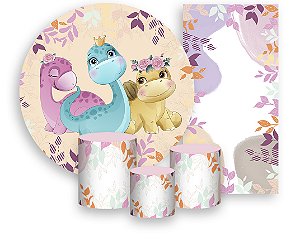 Painel De Festa + Trio De Capas Cilindro + Faixa Veste Fácil - Dinossauro com Flores 003