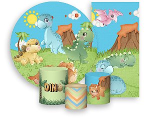 Painel De Festa + Trio De Capas Cilindro + Faixa Veste Fácil - Dinossauros Cute 004