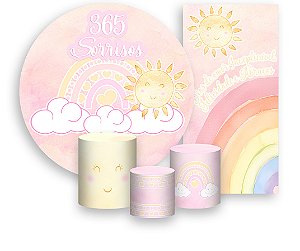 Painel De Festa + Trio De Capas Cilindro + Faixa Veste Fácil - Sorrisos Rosa com Amarelo 010