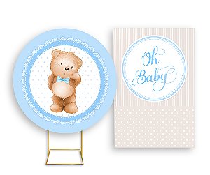 Painel De Festa Redondo 1,50x1,50 + Vertical 1,50x2,20 - Oh Baby Urso Azul 014