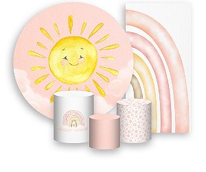 Painel De Festa + Trio De Capas Cilindro + Faixa Veste Fácil - Sol Céu Rosa 015