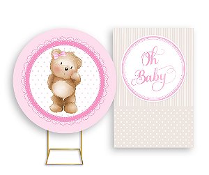 Painel De Festa Redondo 1,50x1,50 + Vertical 1,50x2,20 - Oh Baby Ursa Rosa 022