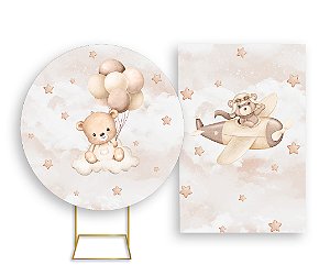 Painel De Festa Redondo 1,50x1,50 + Vertical 1,50x2,20 - Urso Baloeiro Bege 025