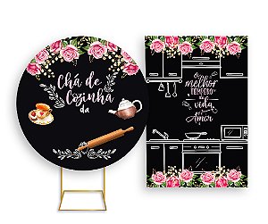 Painel De Festa Redondo 1,50x1,50 + Vertical 1,50x2,20 - Chá de Cozinha Floral Rosa 002