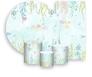 Painel De Festa + Trio De Capas Cilindro + Faixa Veste Fácil - Fundo do Mar  Peixes e Algas 007