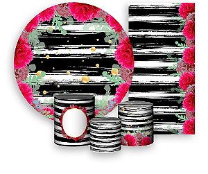 Painel De Festa + Trio De Capas Cilindro + Faixa Veste Fácil - Listras Preto e Branco Com Flores 001
