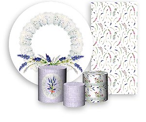 Painel De Festa + Trio De Capas Cilindro + Faixa Veste Fácil -  Babado Flor Lavanda 002