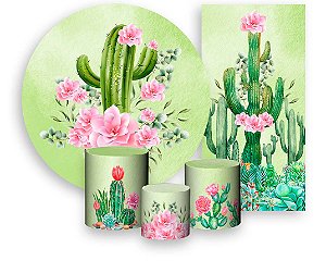 Painel De Festa + Trio De Capas Cilindro + Faixa Veste Fácil -  Cacto Flores Rosa 004