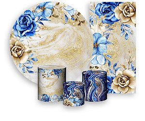 Painel De Festa + Trio De Capas Cilindro + Faixa Veste Fácil - Floral Azul com Dourado 008