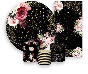 Painel De Festa + Trio De Capas Cilindro + Faixa Veste Fácil - Fundo Preto Flores Efeito Brilhos 009