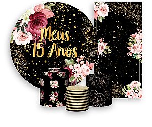 Painel De Festa + Trio De Capas Cilindro + Faixa Veste Fácil - Flores Meus 15 Anos Dourado 010