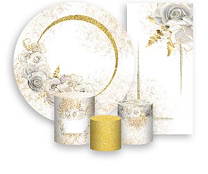 Painel De Festa + Trio De Capas Cilindro + Faixa Veste Fácil - Efeito Dourado com Flores Brancas 019