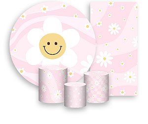 Painel De Festa + Trio De Capas Cilindro + Faixa Veste Fácil - Margarida Fundo Rosa 031