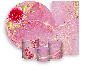 Painel De Festa + Trio De Capas Cilindro + Faixa Veste Fácil - Efeito Marmorizado Rosa com Dourado 033