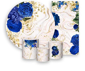 Painel De Festa + Trio De Capas Cilindro + Faixa Veste Fácil - Floral Azul Com Dourado 036