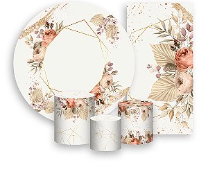 Painel De Festa + Trio De Capas Cilindro + Faixa Veste Fácil - Bege Floral 037