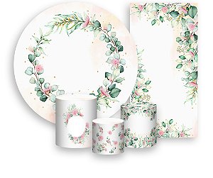 Painel De Festa + Trio De Capas Cilindro + Faixa Veste Fácil - Folhagens e Flores Verde com Rosa 045