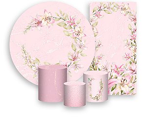 Painel De Festa + Trio De Capas Cilindro + Faixa Veste Fácil - Lírios Rosas 046