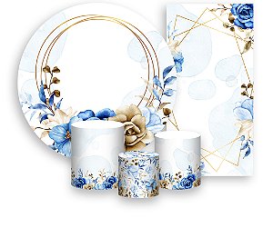 Painel De Festa + Trio De Capas Cilindro + Faixa Veste Fácil - Floral Azul Com Circulo Dourado 047