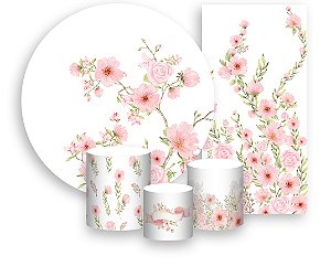 Painel De Festa + Trio De Capas Cilindro + Faixa Veste Fácil - Floral Verde Suave com Rosas 048