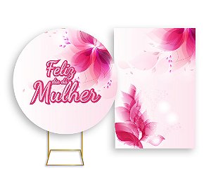 Painel De Festa Redondo 1,50x1,50 + Vertical 1,50x2,20 - Feliz Dia da Mulher Flores Rosa 011