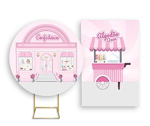 Painel De Festa Redondo 1,50x1,50 + Vertical 1,50x2,20 - Vitrine Confeitaria Rosa 002