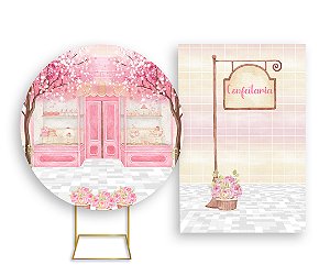 Painel De Festa Redondo 1,50x1,50 + Vertical 1,50x2,20 - Confeitaria Patisserie Rosa 003