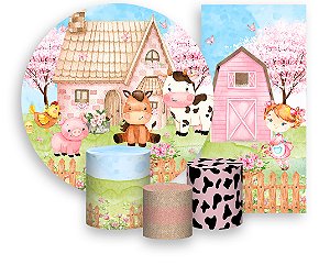 Painel De Festa + Trio De Capas Cilindro + Faixa Veste Fácil - Fazendinha Rosa Cute 001