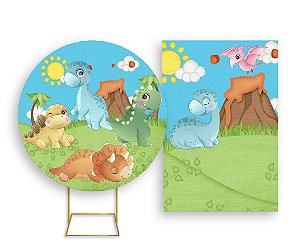 Painel De Festa Redondo 1,50x1,50 + Vertical 1,50x2,20 - Dinossauros Baby Cute 001