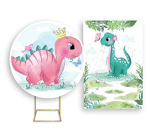 Painel De Festa Redondo 1,50x1,50 + Vertical 1,50x2,20 - Dinossauros Cute com Folhagens 002