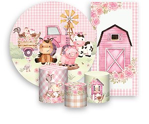 Painel De Festa + Trio De Capas Cilindro + Faixa Veste Fácil - Fazendinha Rosa com Flores 016