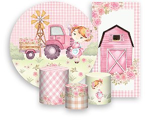 Painel De Festa + Trio De Capas Cilindro + Faixa Veste Fácil - Fazendinha Rosa Menina 017