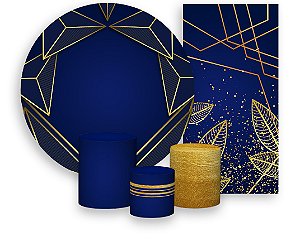 Painel De Festa + Trio De Capas Cilindro + Faixa Veste Fácil -  Azul Efeito Geométrico Dourado 020