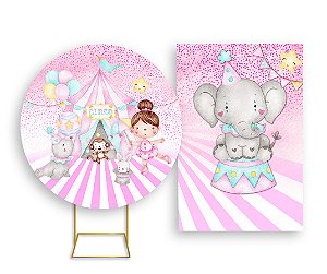 Painel De Festa Redondo 1,50x1,50 + Vertical 1,50x2,20 - Circo Rosa com Estrelas 004