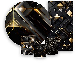 Painel De Festa + Trio De Capas Cilindro + Faixa Veste Fácil - Efeito Geométrico Preto com Dourado 024
