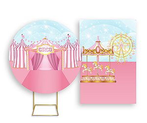 Painel De Festa Redondo 1,50x1,50 + Vertical 1,50x2,20 - Circo Tenda Rosa 011