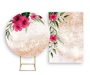 Painel De Festa Redondo 1,50x1,50 + Vertical 1,50x2,20 - Flores Rosas Efeito Glitter 005