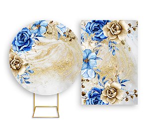 Painel De Festa Redondo 1,50x1,50 + Vertical 1,50x2,20 - Floral Azul com Dourado 007