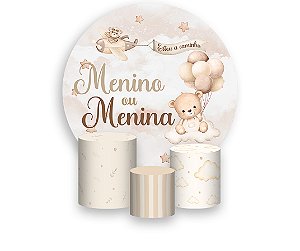 Painel De Festa Redondo 1,50 x 1,50 + Trio De Capas Cilindro - Chá Revelação Urso Bege 034