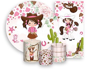 Painel De Festa + Trio De Capas Cilindro + Faixa Veste Fácil - Country Boiadeira Morena Floral 006