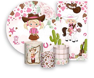 Painel De Festa + Trio De Capas Cilindro + Faixa Veste Fácil - Country Boiadeira Loira Floral 007