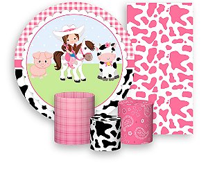 Painel De Festa + Trio De Capas Cilindro + Faixa Veste Fácil - Vaqueira Rosa com Animais 008