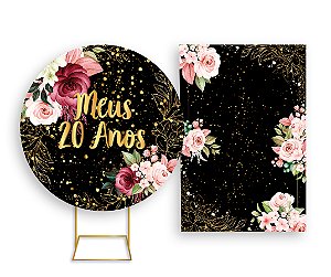 Painel De Festa Redondo 1,50x1,50 + Vertical 1,50x2,20 - Meus 20 Anos Floral Efeito Brilho 011